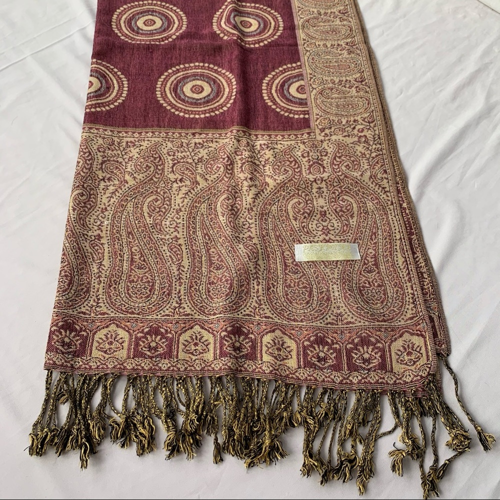 Pashmina Cashmere Silk Tan Burgundy Scarf - Picture 3 of 5